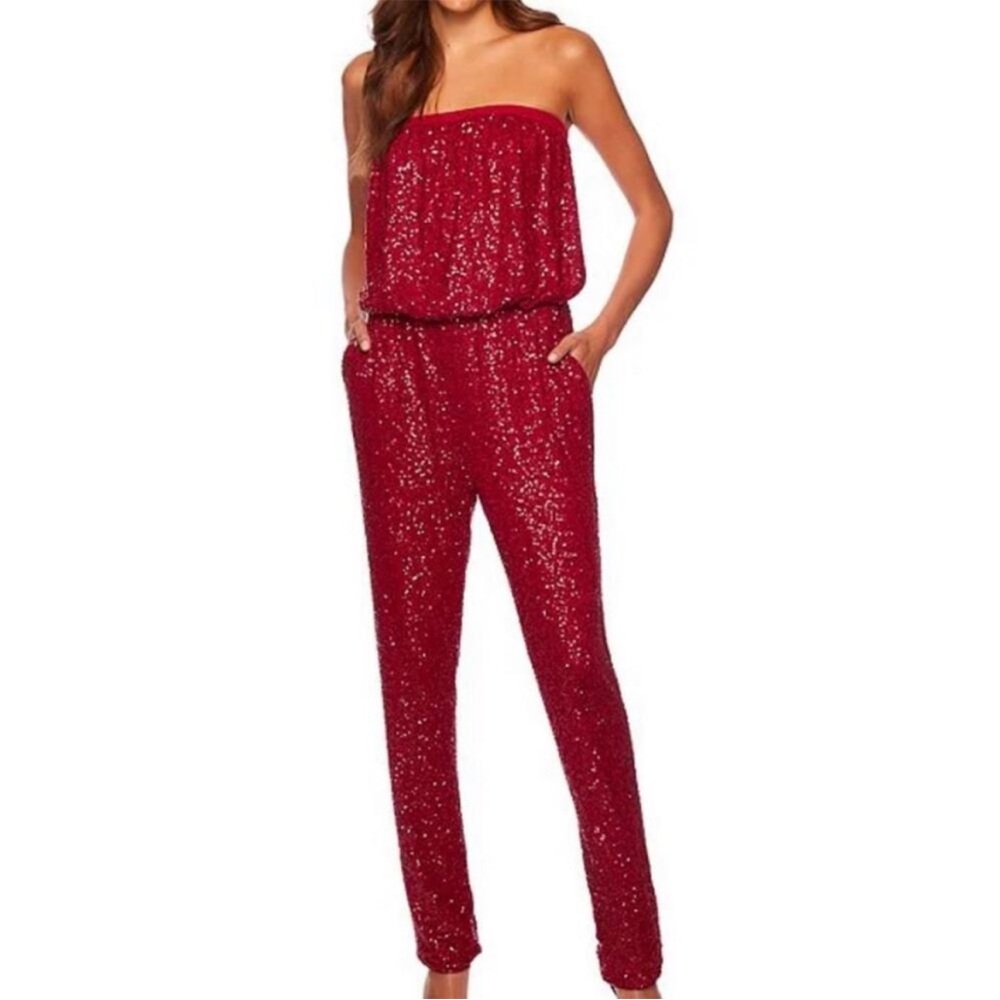 SUSANA MONACO DEEP RED SEQUIN TUBE TOP STRAPLESS STRAIGHT LEG JUMPSUIT SZ L NWT